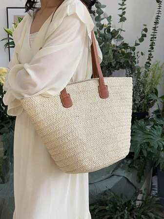 Summer Seaside Beach Vacation Simple Casual Straw Bag,Beige Women Tote Bags,Large Capacity Portab... | SHEIN