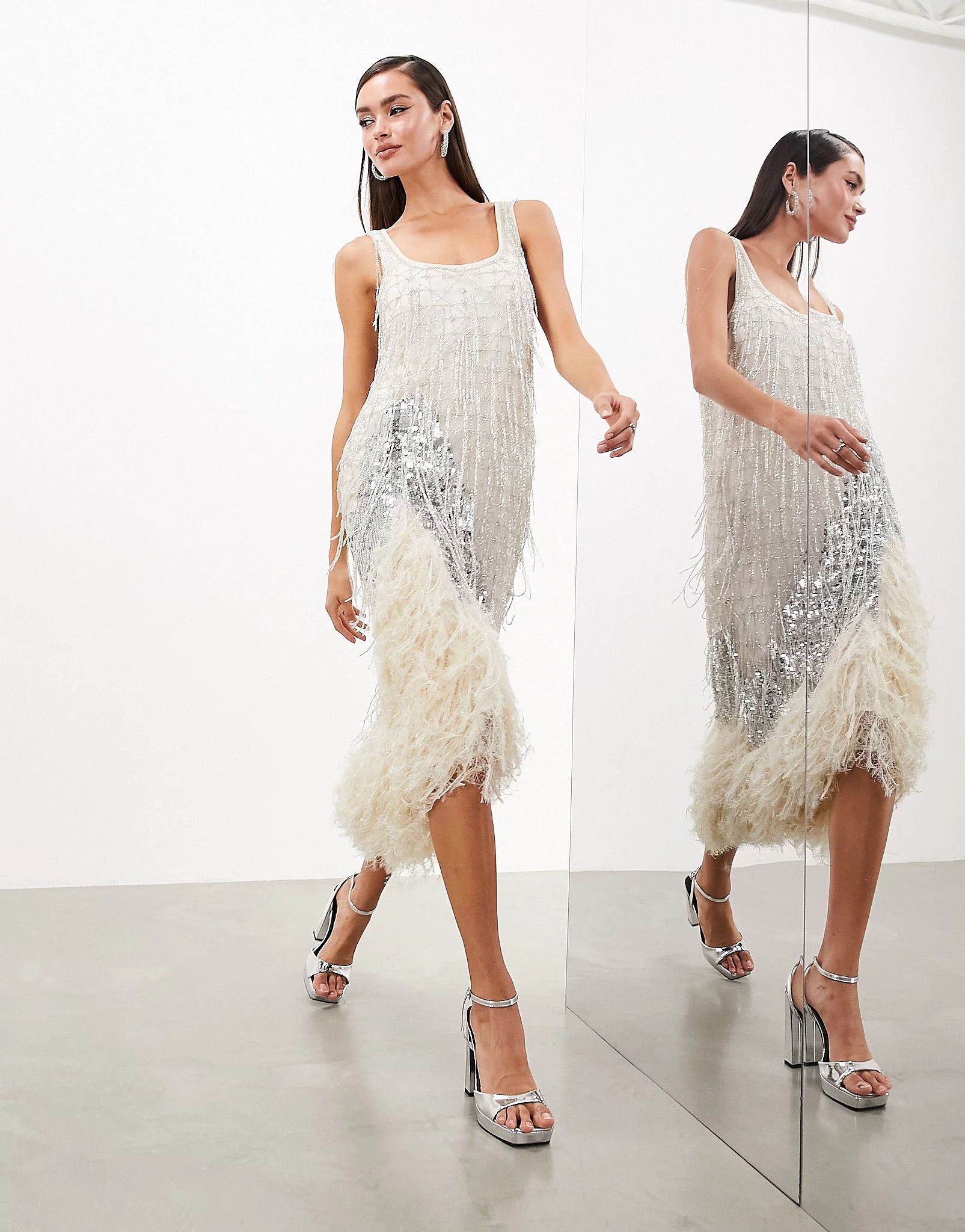 ASOS EDITION scoop neck embellished tassel midi dress with faux feather hem in silver | ASOS (Global)