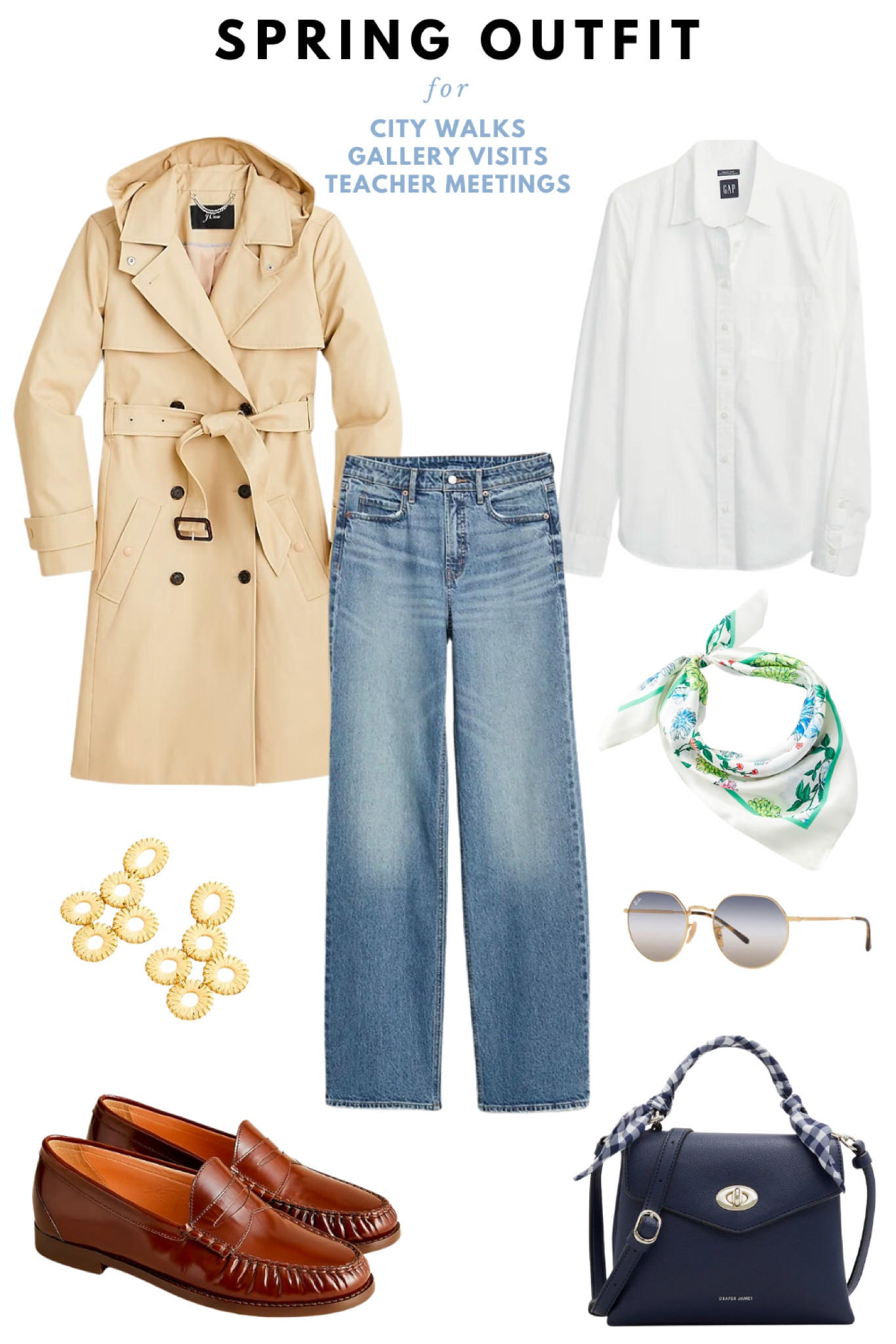 Spring outfit 2023 // wide leg jeans, classic trench coat, button up shirt, silk scarf, raffia earrings, geometric sunglasses, leather loafers, structured crossbody bag // city outfit, sightseeing outfit, walking outfit

#LTKstyletip #LTKitbag #LTKunder50
