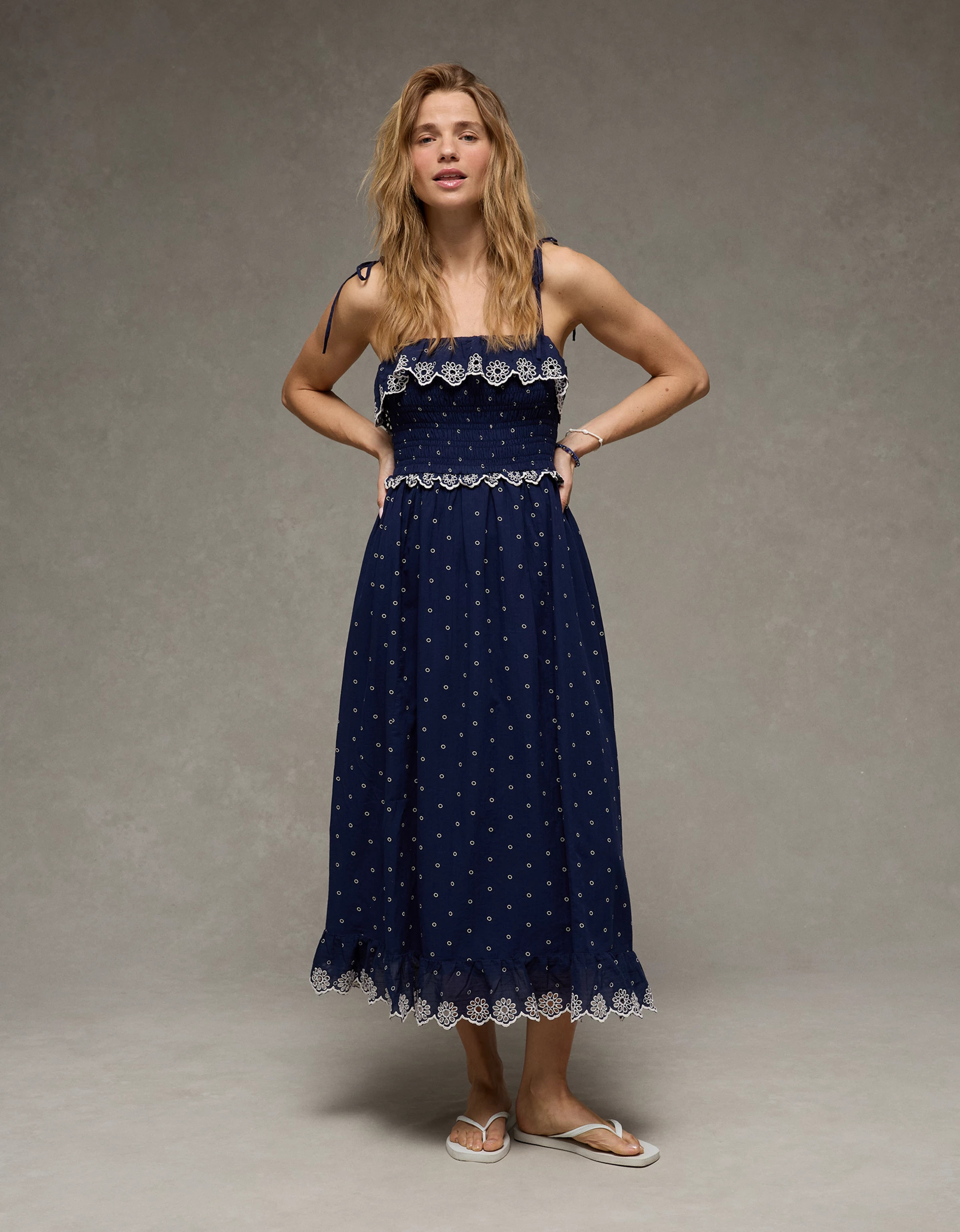 AE Smocked Tie-Strap Midi Dress | American Eagle Outfitters (US & CA)