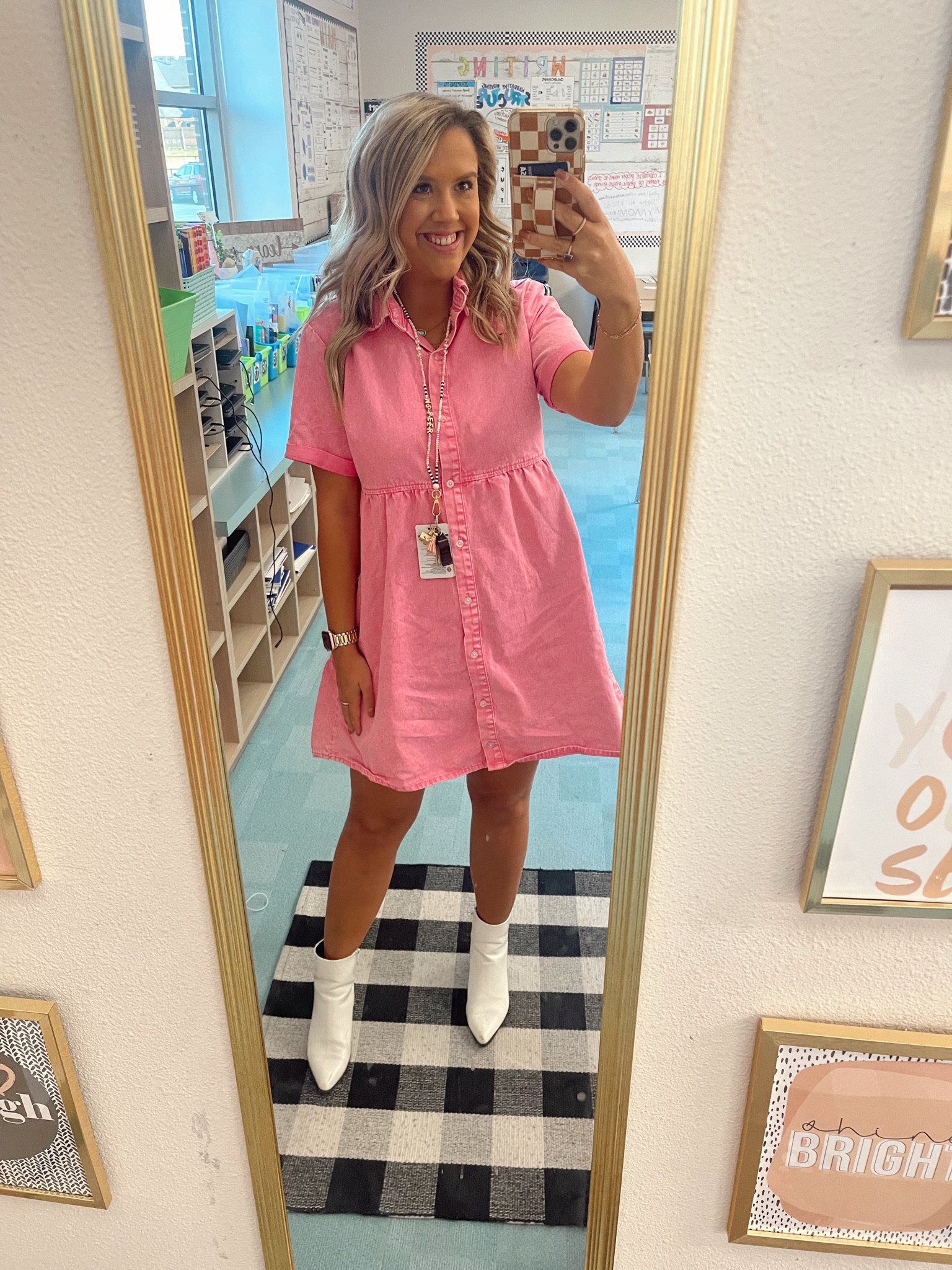 Pink denim Amazon dress
Madden girl white booties
Modern made company beaded  teacher lanyard 
💓💗💕

#LTKFindsUnder50 #LTKWorkwear #LTKShoeCrush