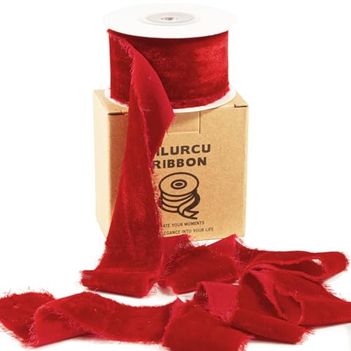Red Velvet Ribbon 1-1/2 Inch x 5 Yds Handmade Frayed Vintage Rich Red Christmas Ribbon for Gift Wrapping Christmas Tree Ornament Invitation Bouquet Wreath Craft Bows Making Wedding Home Decor | Amazon (US)