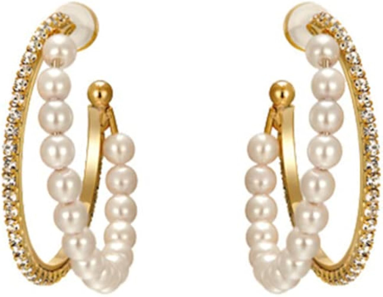 Double Layers Open Hoop Earrings for Women 14K Gold Plated Sterling Silver Pins Rhinestone CZ Pea... | Amazon (US)