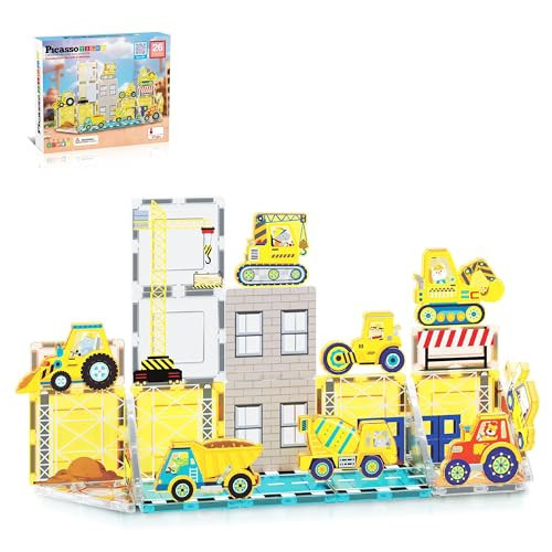 PicassoTiles Magnetic Tile Construction Set with 8 Vehicle Figures and 18 Printed Panels STEM Educational Building Kit for Kids Age 3 Plus Creative Play Learning Blocks Motor Skills Development PTQ21 | Amazon (US)