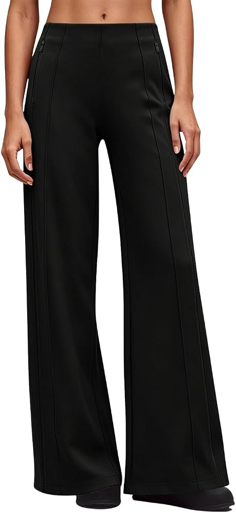 QINSEN Women's Wide Leg Yoga Pants High Waisted Zipper Pockets Stretchy Palazzo Pants with Drawstring Hem | Amazon (US)