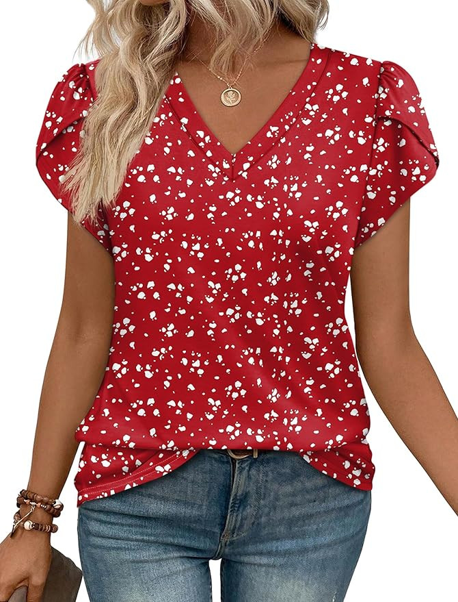 WIHOLL Womens Tops Dressy Casual Petal Sleeve Summer Spring Short Sleeve V Neck Shirts Work Busin... | Amazon (US)