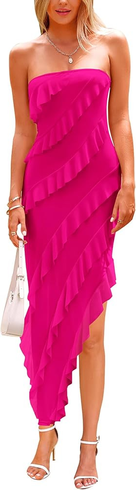 PRETTYGARDEN Womens Strapless Tube Asymmetrical Ruffle Maxi Bodycon Dress | Amazon (US)