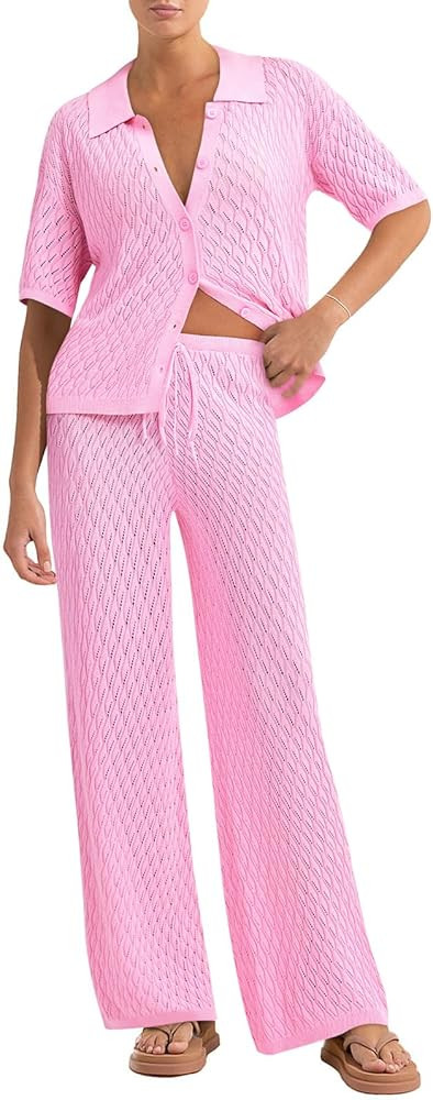 Tankaneo Womens Summer 2 Piece Swimsuit Cover up Crochet Knit Cardigan Tops Long Pants Bathing Su... | Amazon (US)