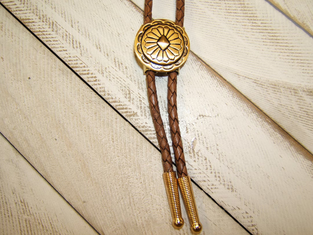 Rodeo Bolo Tie Necklace Concho Satin Finish Antiqued Brass Bolo Tie Country Western Necklace Mini... | Etsy (US)