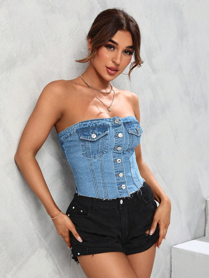 SHEIN Unity Flap Pocket Button Front Tube Denim Top | SHEIN