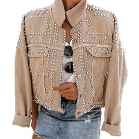 Borke Women s Long Sleeve Rivet Studded Denim Jacket Casual Washed Pearl Short Jean Coat | Walmart (US)