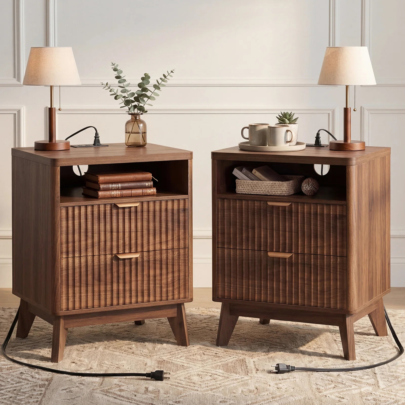 NightStand with Charging Station, Fluted Bedside Table Furniture,19.7'' W X 15'' D | Wayfair North America