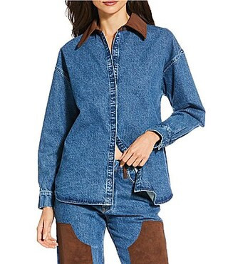 Gianni Bini x Sydney Silverman The Anya Denim Faux Suede Collar Long Sleeve Coordinating Top - S | Dillard's