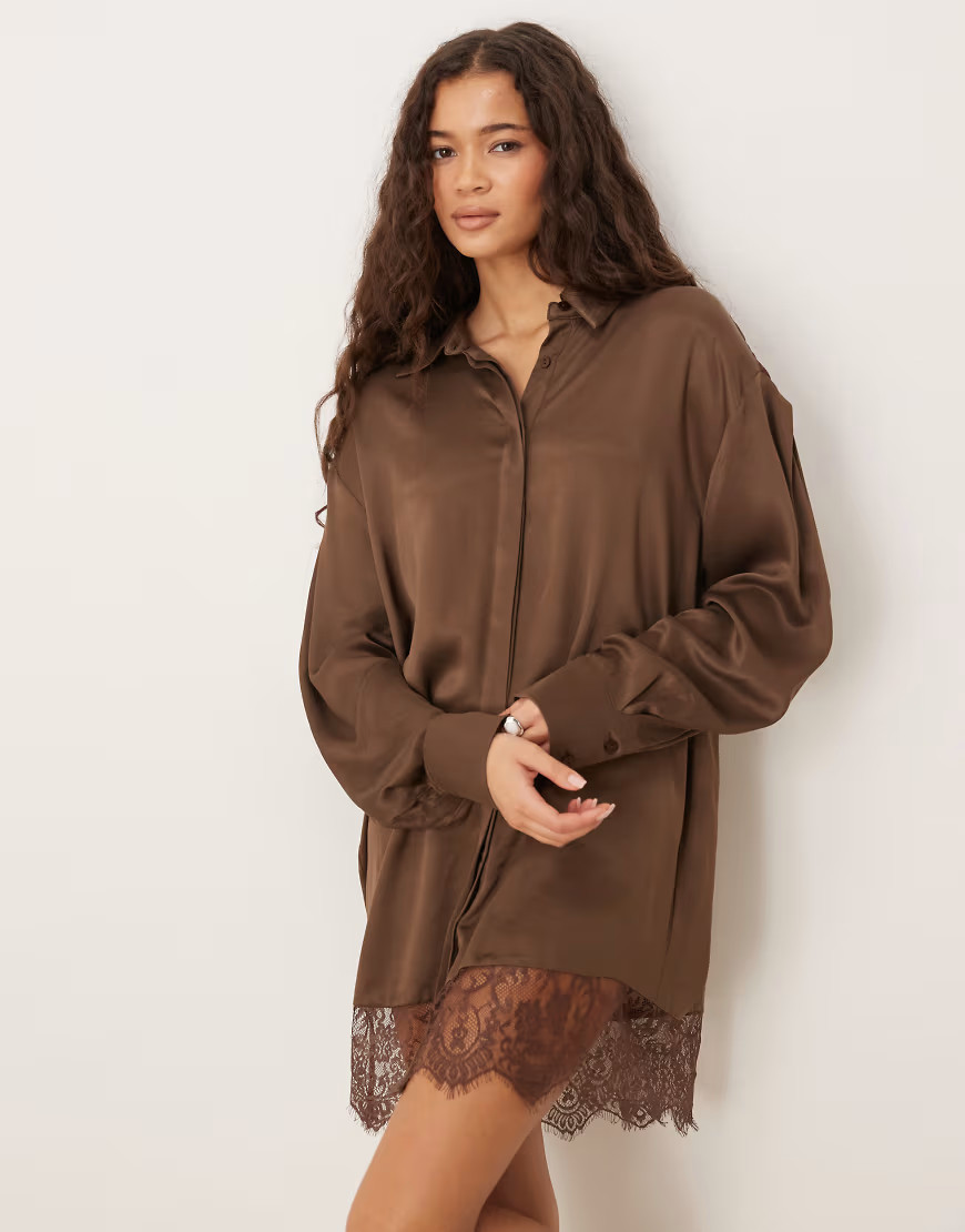 ASOS DESIGN satin mini shirt dress with high-low curved hem in chocolate-Green | ASOS (Global)