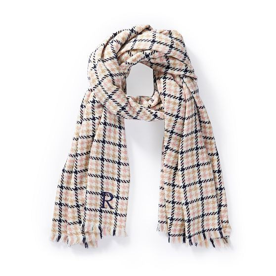 Italian Houndstooth Plaid Blanket Scarf, Ivory-Light Flax-Light Pink-Navy | Mark and Graham