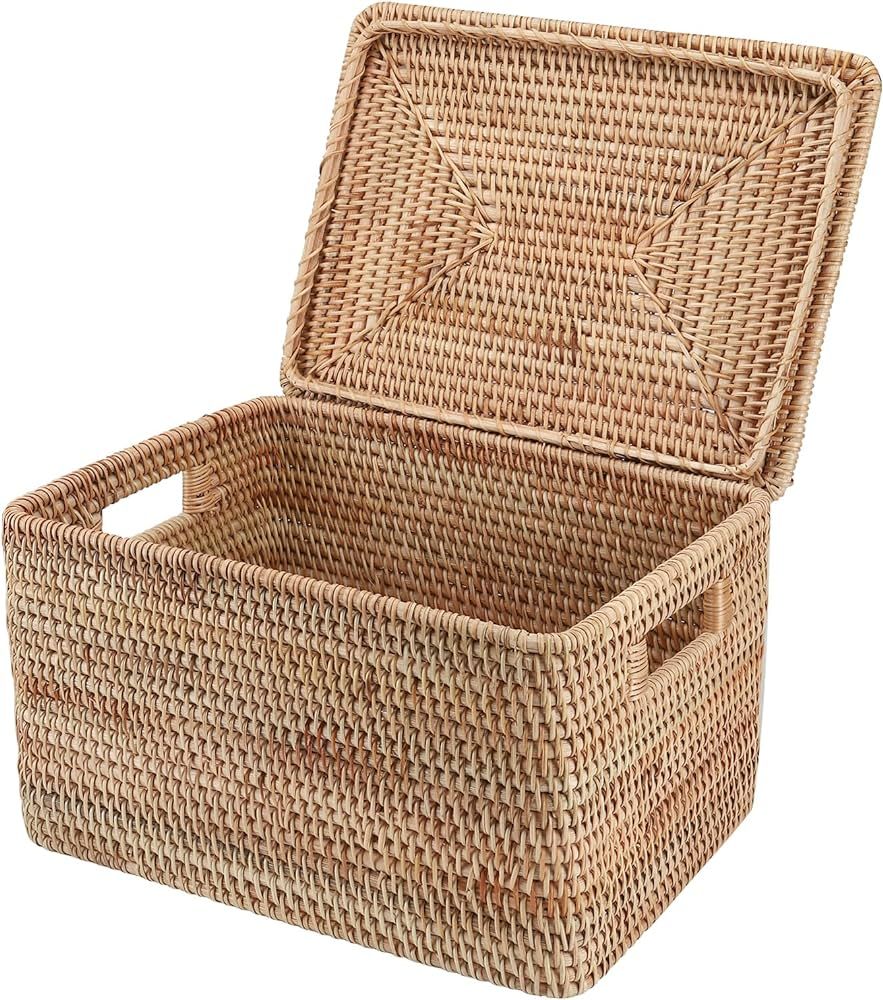 FIYAMMY Rattan Basket With Lid, Large Lidded Basket For Storage Square Rattan Box(17.32" L×13.39... | Amazon (US)