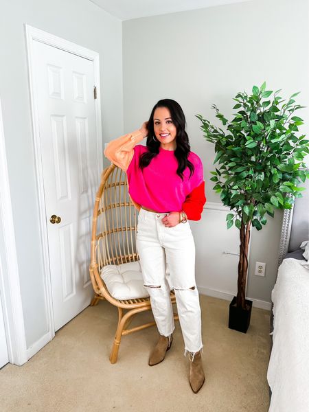 Tricolor pink amazon sweaters (small, multiple color options), under $30 target white jeans (2, tts), under $50 amazon pointed toe booties! Love this look for Valentine’s Day! #founditonamazon 

#LTKSeasonal #LTKunder50 #LTKunder100