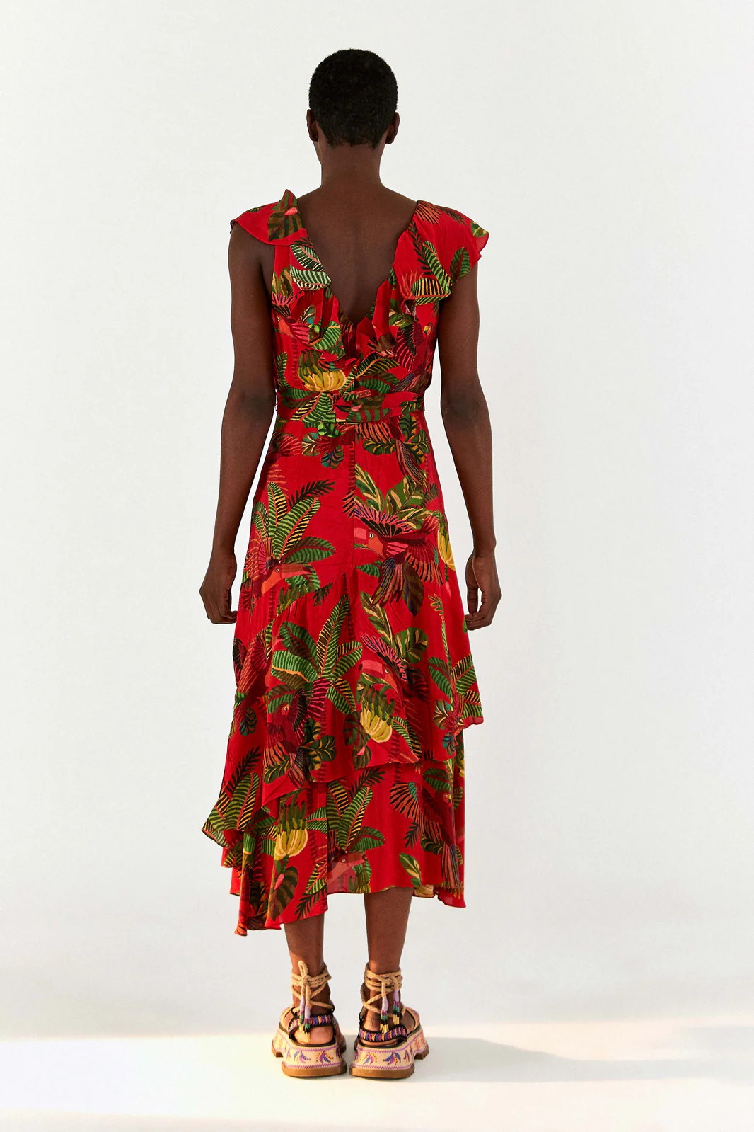 RED FOREST BIRDS BELTED MIDI DRESS | FarmRio (US)