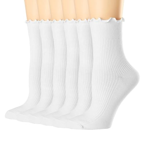 KYINSPORT Womens Ruffle Socks, Cute Casual Frilly Crew Socks, Breathable Cool Knit Cotton Lettuce Ankle Socks, 6 Pairs, Sizes 5-10, White | Amazon (US)
