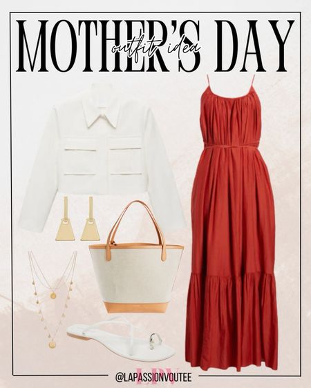 Embrace Mother's Day in style with a tie-waist tiered dress paired with a trendy crop jacket. Complete the look with a chic shoulder bag, delicate triangle drop earrings, a layered necklace, and comfy slide sandals. Effortlessly chic, this ensemble is perfect for celebrating in both comfort and elegance.

#LTKtravel #LTKstyletip #LTKSeasonal