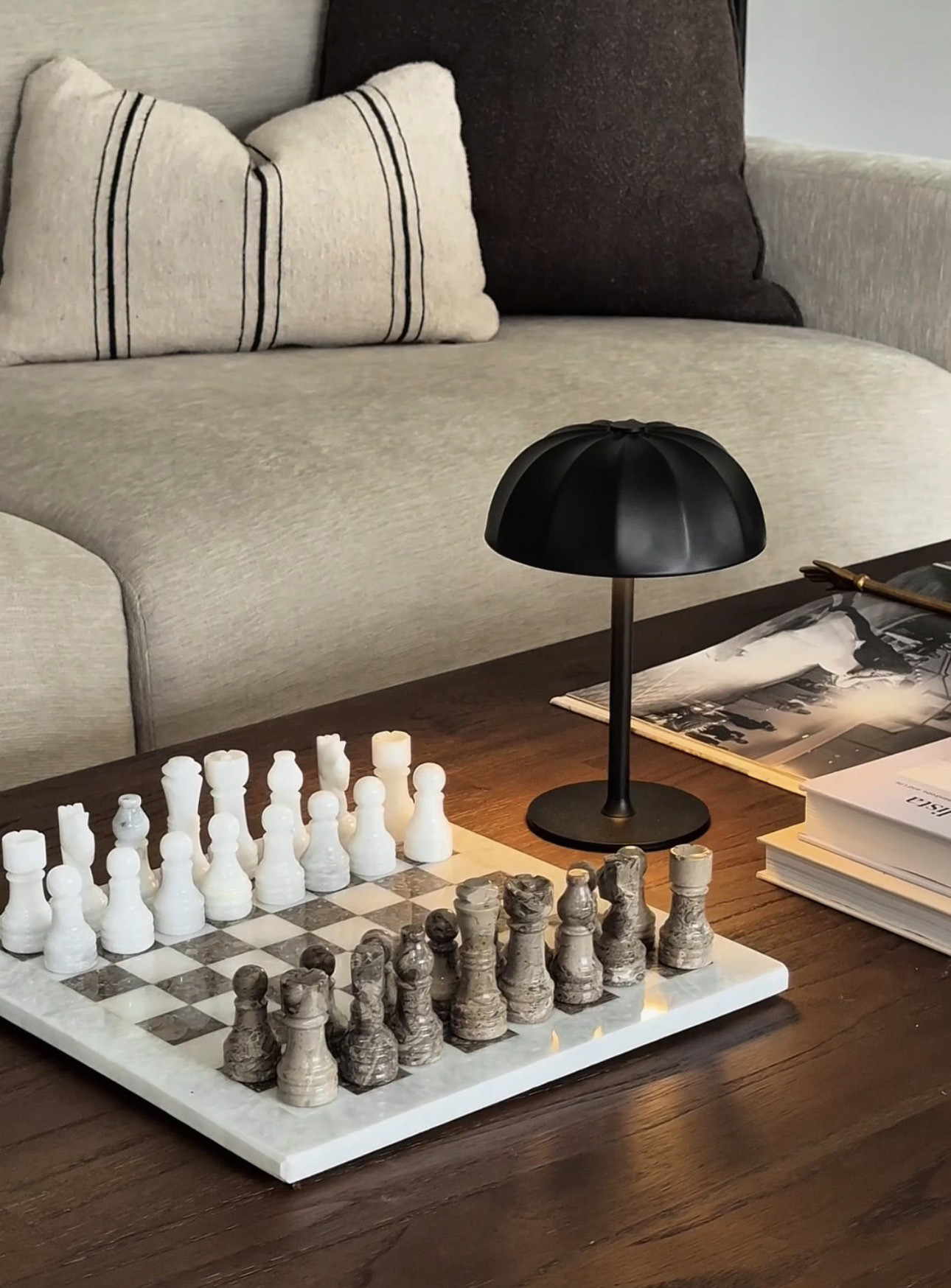 Coffee table decor, chess set, portable table lamp, battery operated table lamp, sofa, throw pillows, coffee table styling, spring decor


#LTKHome