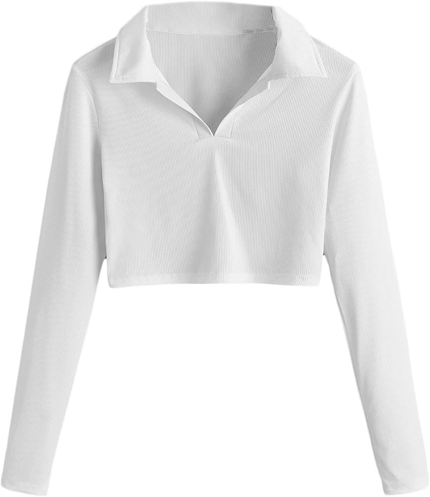 SweatyRocks Women's Long Sleeve Crop Top Collar Neck Ribbed Knit Tee Shirt | Amazon (US)