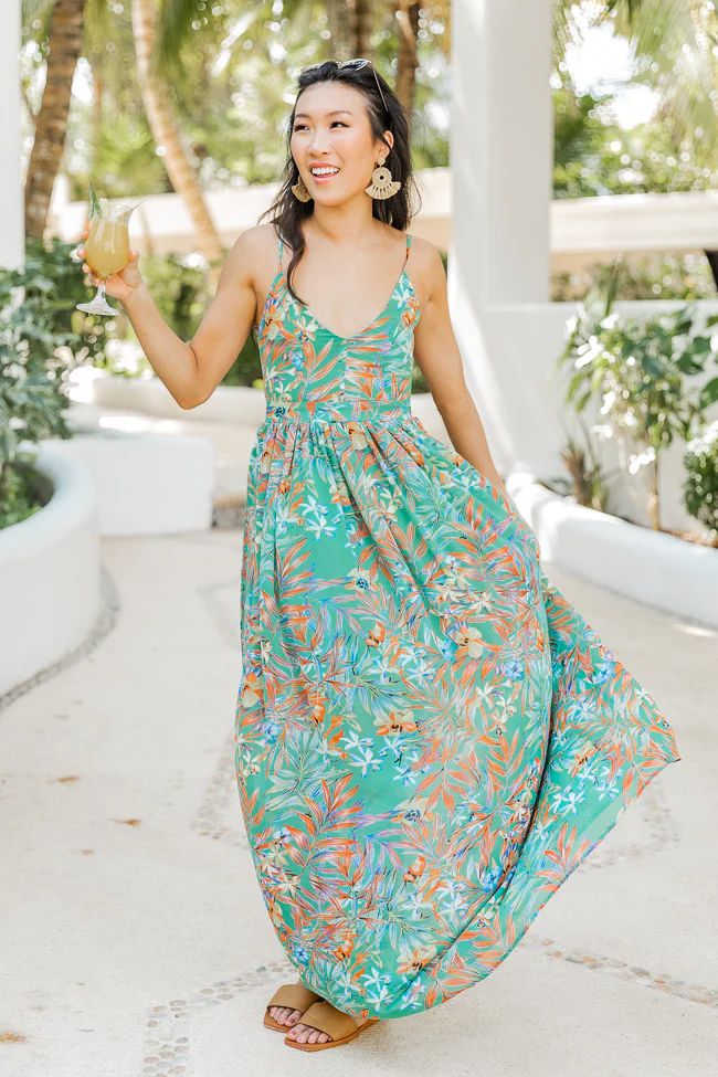It's Love At First Sight Green Tropical Maxi Dress FINAL SALE | Pink Lily