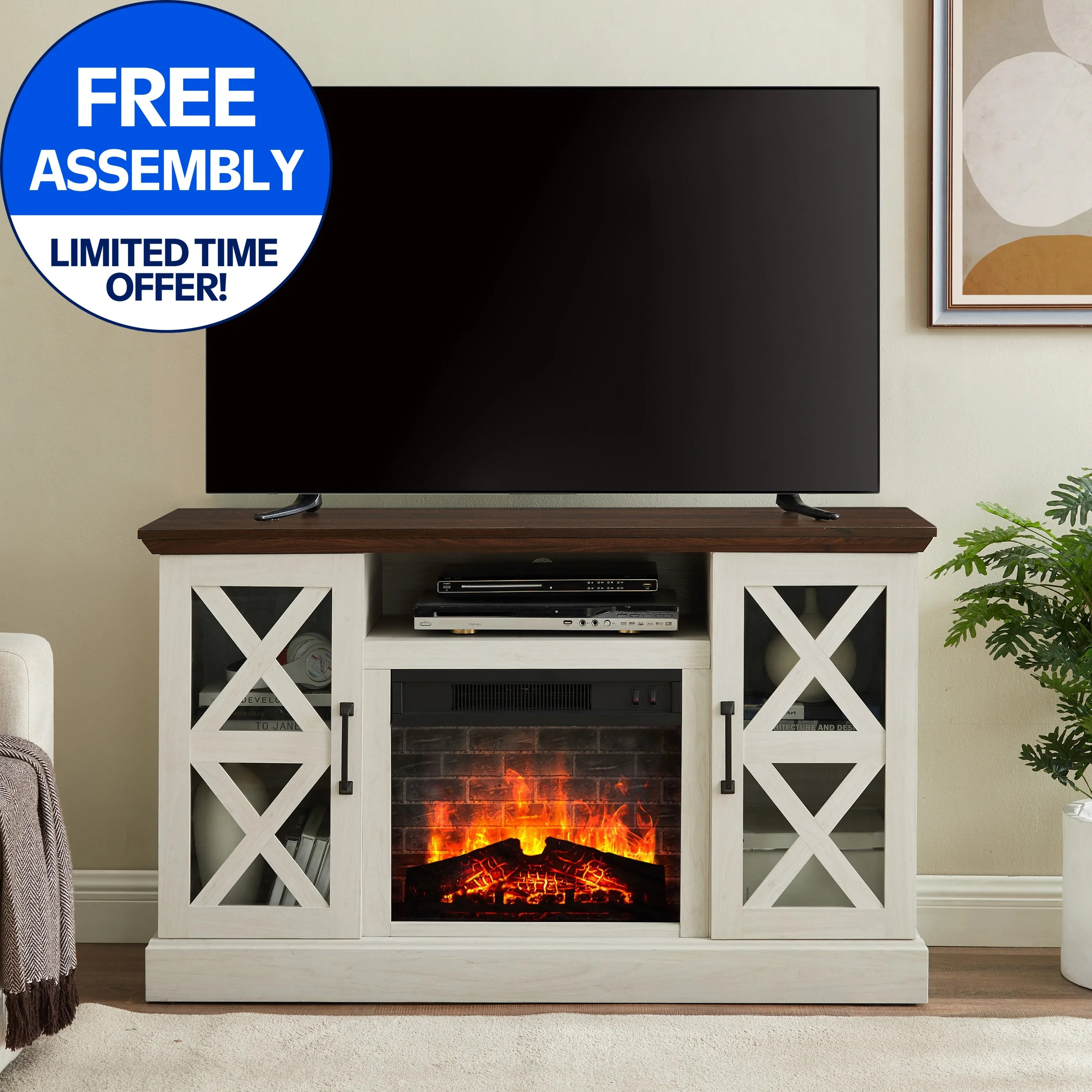 Mainstays Farmhouse Fireplace TV Stand for TVs up to 55", off White/Walnut - Walmart.com | Walmart (US)