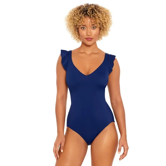 Time and Tru Women's and Plus Solid Ruffle Strap One Piece Swimsuit, Sizes XS-3X | Walmart (US)