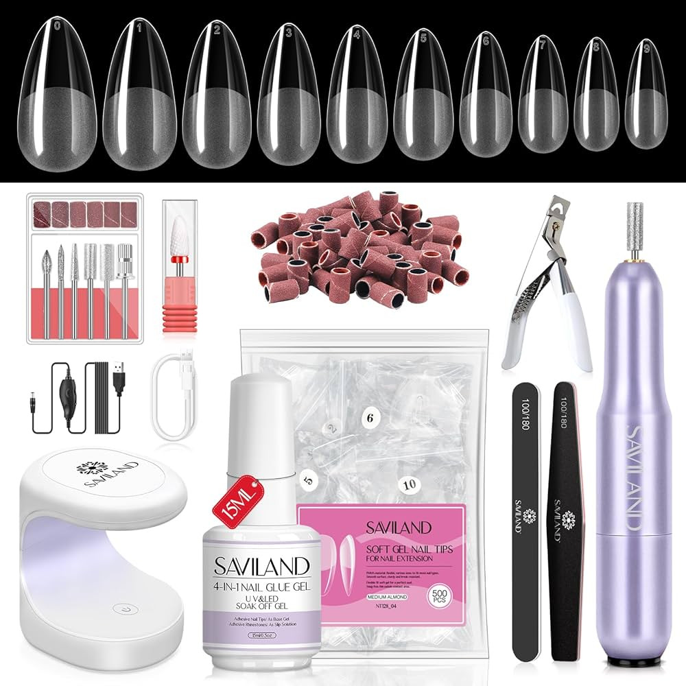 SAVILAND Almond Gel X Nail Kit – Nail Drill Kit U V Lamp for Nail 500PCS Nail Tips and Glue Gel... | Amazon (US)
