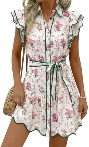 Wenrine Womens Summer Button Down Shirt Dress Casual Collar V Neck Floral Ruffle Sleeve Boho Beac... | Amazon (US)