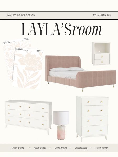 Laylas room design: tween room. Upholstered bed, floral wall paper, white furniture, pink lamp.

#LTKhome #LTKkids