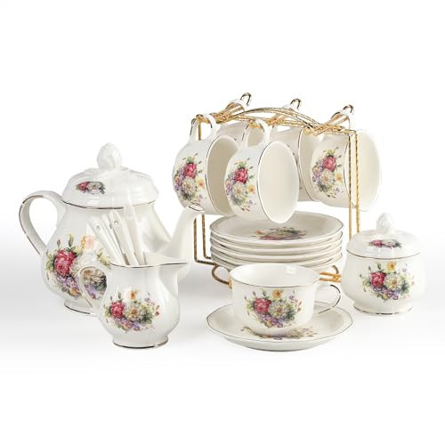Sweejar 23 Pcs Floral Tea Sets with Metal Holder, Relief Gold Rim Porcelain Tea Sets for Adults, Cup and Saucer Set for 6, with Teapot, Sugar Bowl, Milk Jug, Spoons (Flower Style) | Amazon (US)