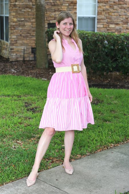 Easy spring and summer outfit for Florida. Pink relaxed trapeze dress with a natural rattan belt and Sarah Flint shoes. Use code SARAHFLINT-BADANIELLEG for $50 off your first pair of shoes  