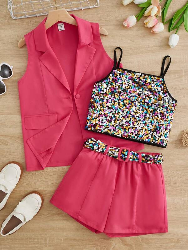 SHEIN Kids FANZEY Girls Sequin Cami Top & Belted Shorts & Vest Blazer | SHEIN