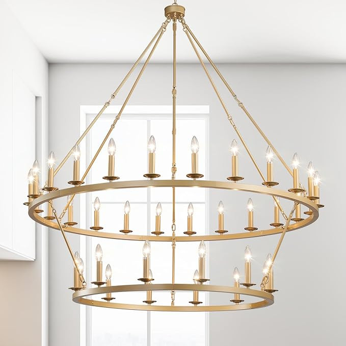 Gold Wagon Wheel Chandelier 2 Tier 53-Inch 36-Light,Extra Large Circle Rustic Farmhouse Light Fix... | Amazon (US)