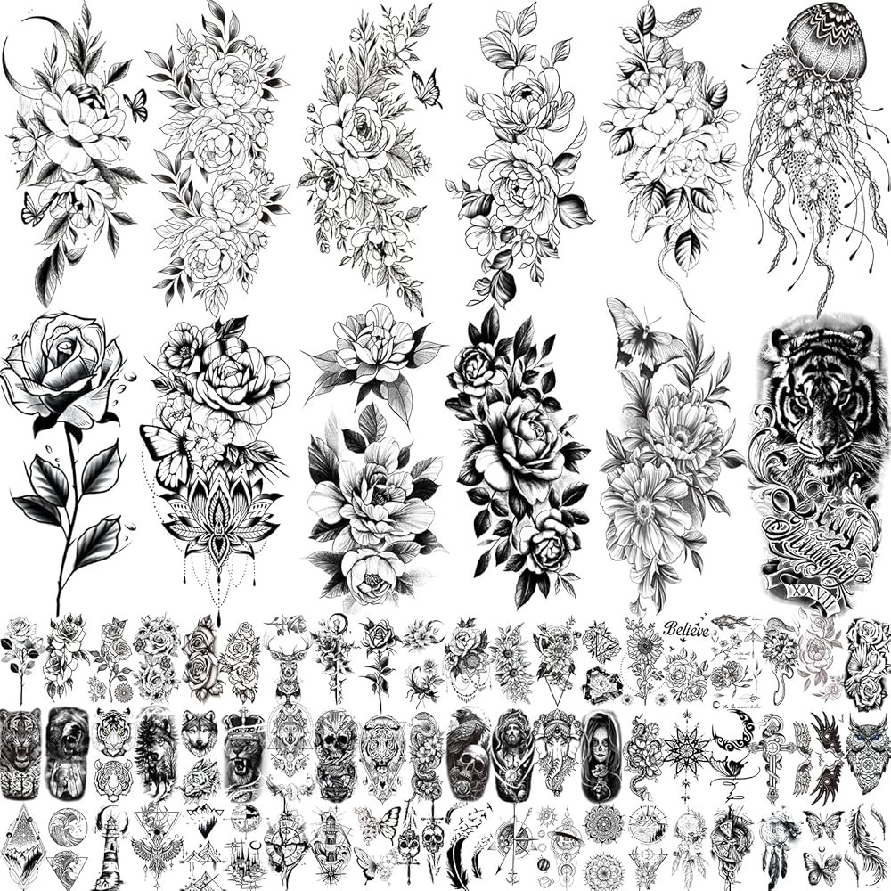 Amazon.com : 82 Sheets 3D Flowers Temporary Tattoos for Women Adult, Including 12 Sheets Large Fa... | Amazon (US)