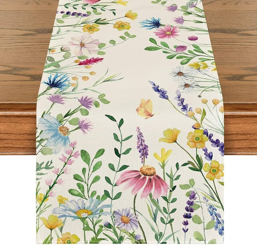 Artoid Mode Daisy Eucalyptus Lavender Floral Leaves Summer Table Runner, Spring Kitchen Dining Ta... | Amazon (US)