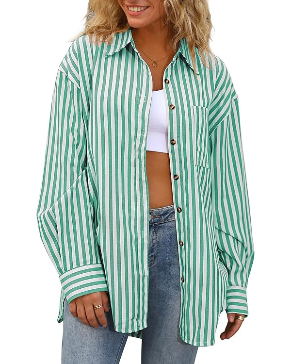 CHYRII Womens Striped Button Down Shirt Casual Long Sleeve Blouse Top | Amazon (US)