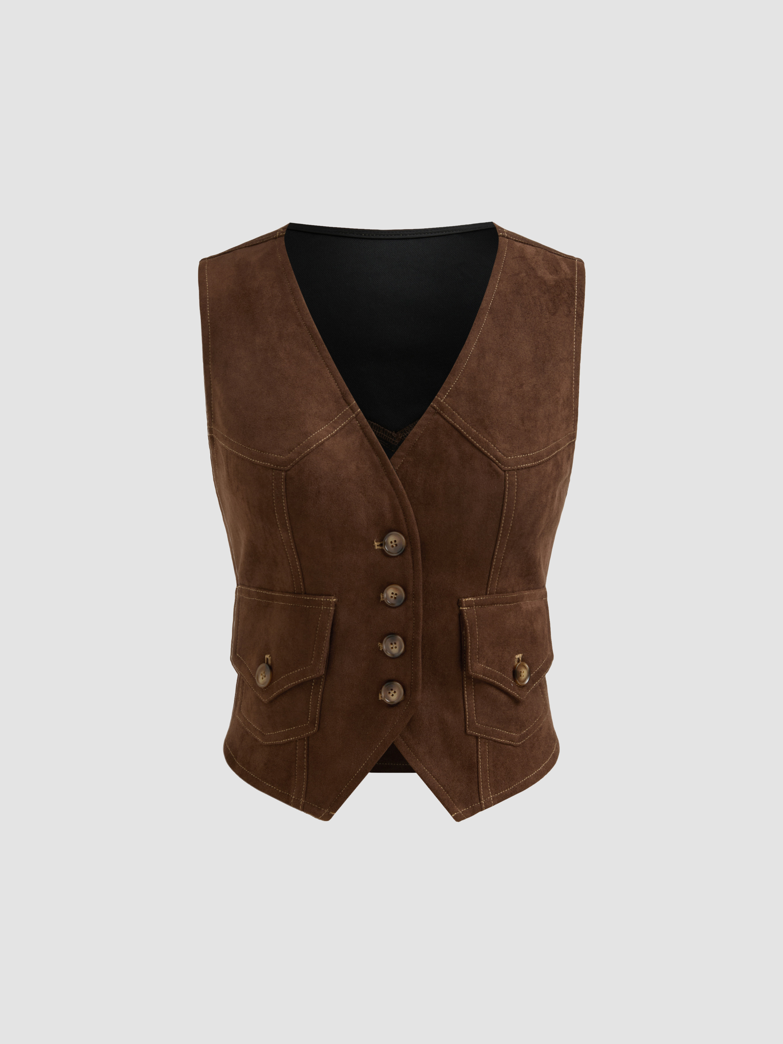 Suede Suede V-neck Solid Button Pocket Vest For Holiday | Cider