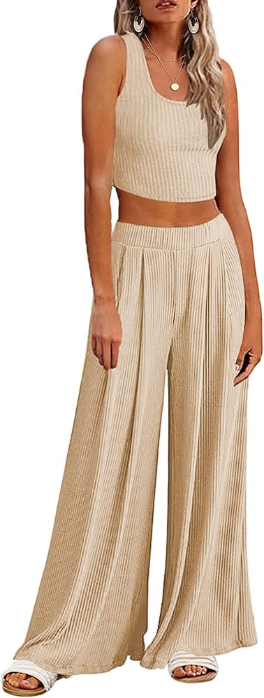 Ekouaer Women's 2 Piece Lounge Sets Ribbed Knit Crop Top Wide Leg Pants with Pockets S-XXL | Amazon (US)