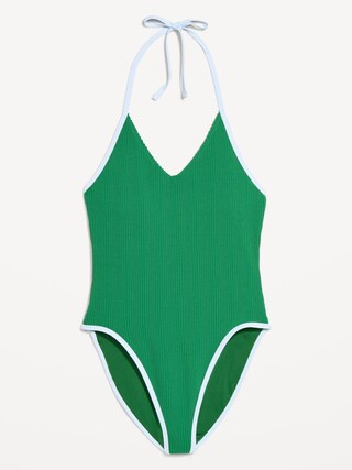 Ribbed V-Neck Halter One-Piece Swimsuit | Old Navy (US)