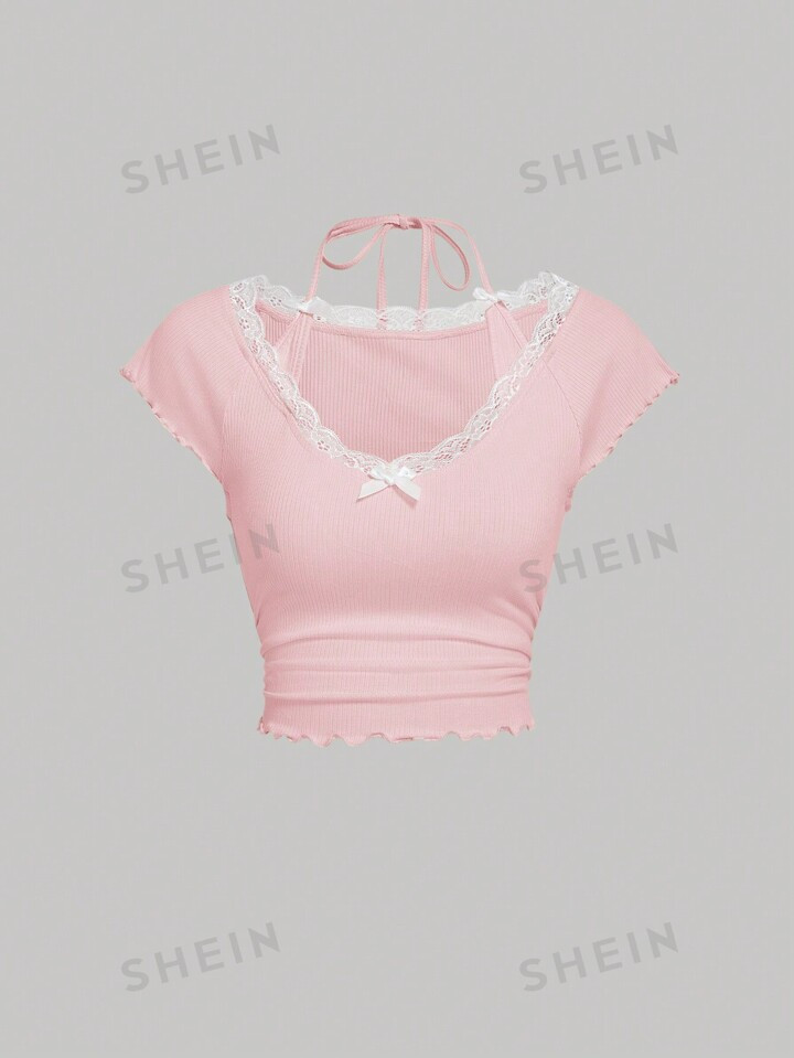 SHEIN MOD Women's Lace Spliced Halter Neck Tie Tee | SHEIN