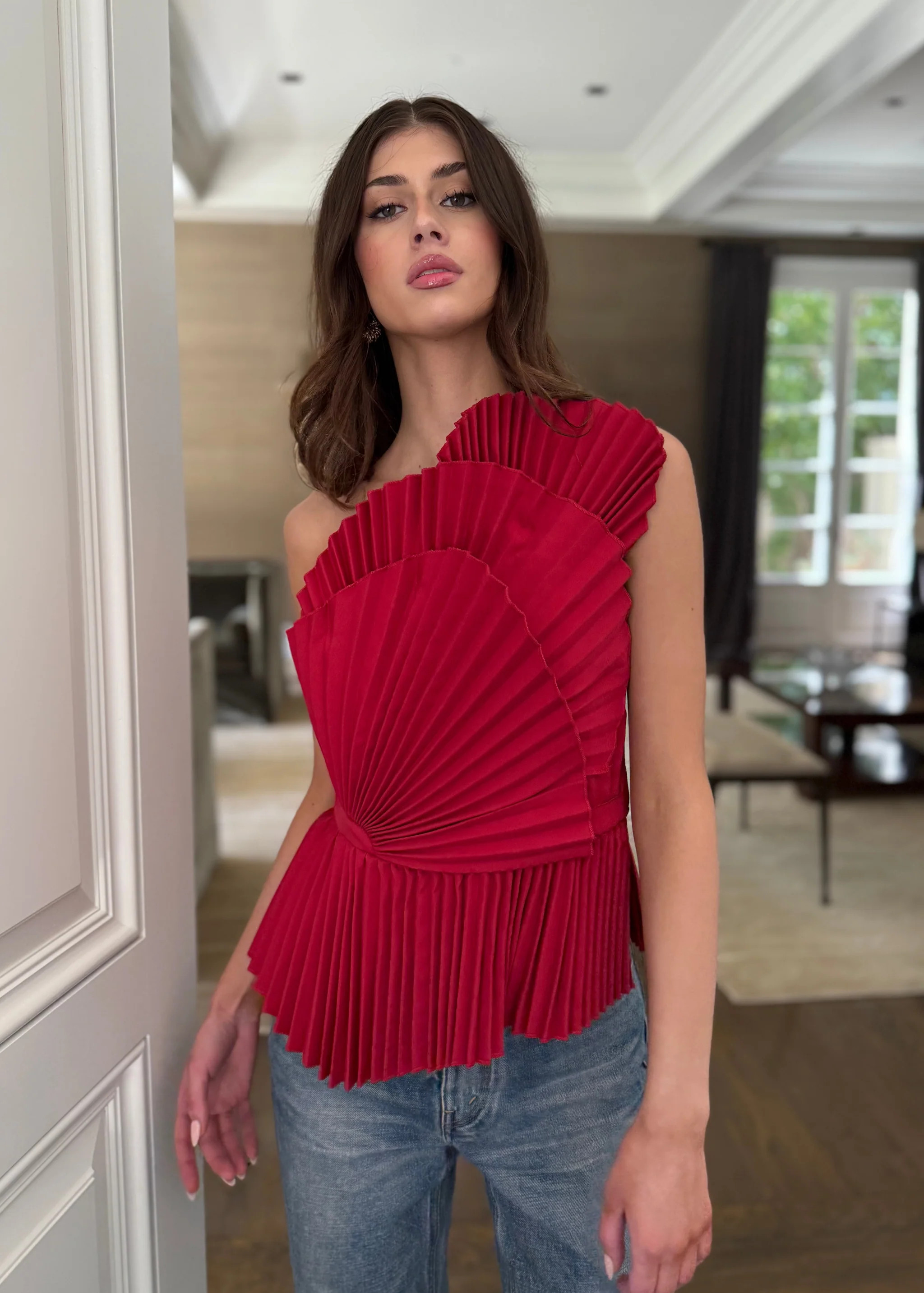 Marcia Asymmetric Pleated Peplum Accent Top - Cherry Red | Benaar La