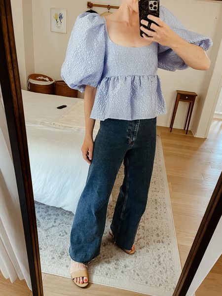 Puff sleeves >>> Top is on sale, wearing a small. Jeans are Zara Marine Straight and sandals are old Madewell. 

#LTKsalealert