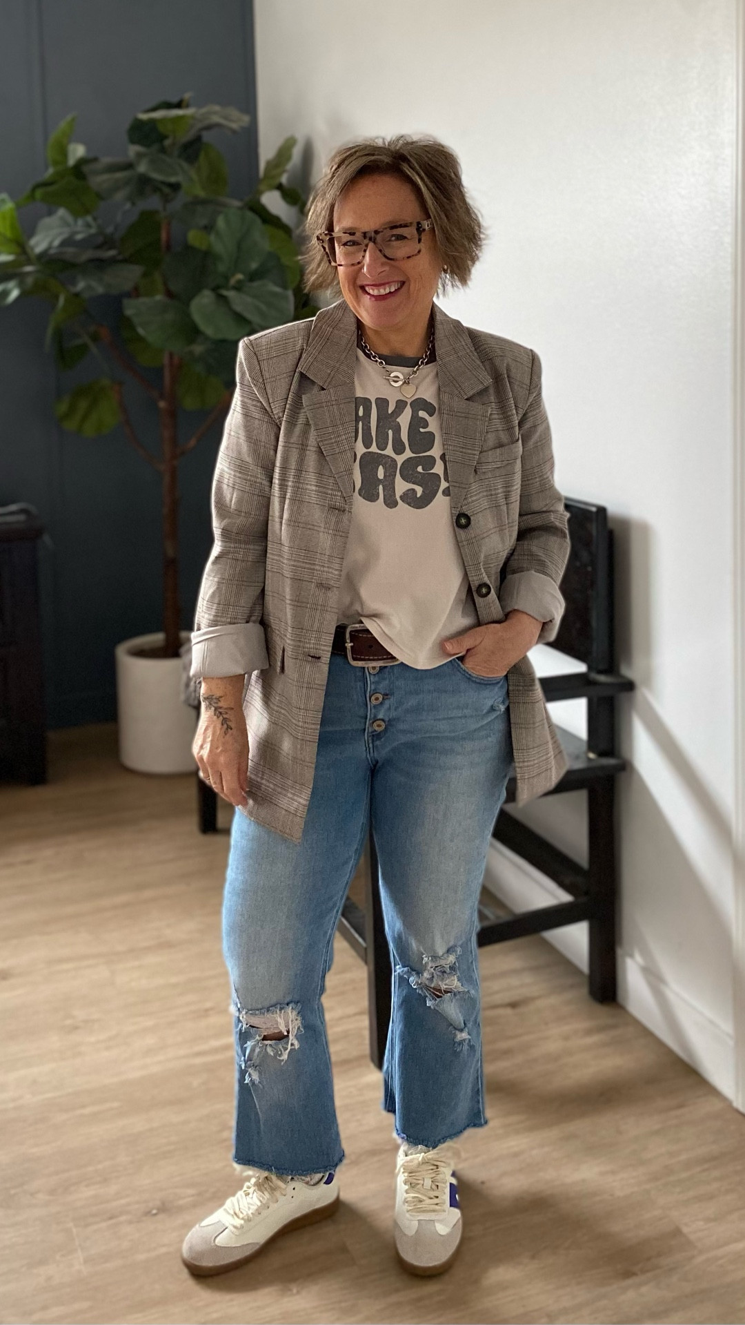 Plaid Blazer, graphic T and Distressed Denim for casual chic

#LTKFallSale #LTKMidsize #LTKOver40