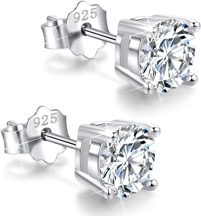 White Gold Plated Sterling Silver Cubic Zirconia Stud Earrings 3mm-8mm Options, Simulated Diamond... | Amazon (US)