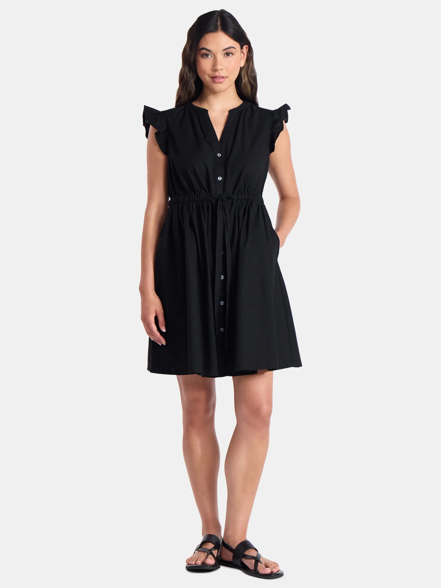 Time and Tru Women's and Women's Plus Button Front Cotton Mini Dress with Flutter Sleeves, Sizes ... | Walmart (US)