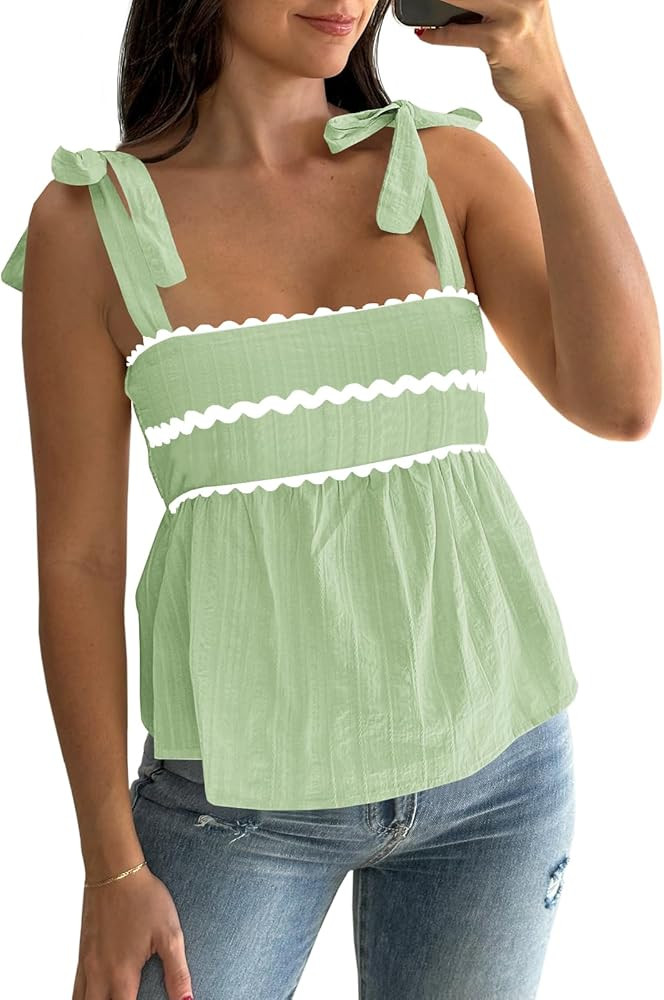 Tankaneo Womens Cute Tank Tops Summer Casual Peplum Babydoll Square Neck Tie Strap Backless Shirt... | Amazon (US)