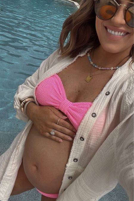 Swimsuit one size- great for maternity! Super comfy & stretchy— currently 26 weeks! Gold necklace discount ALEXA20, bracelet discount ALEXA15 // coverup linked, beaded necklace linked, sunglasses linked // 

#LTKswim #LTKbump #LTKunder100